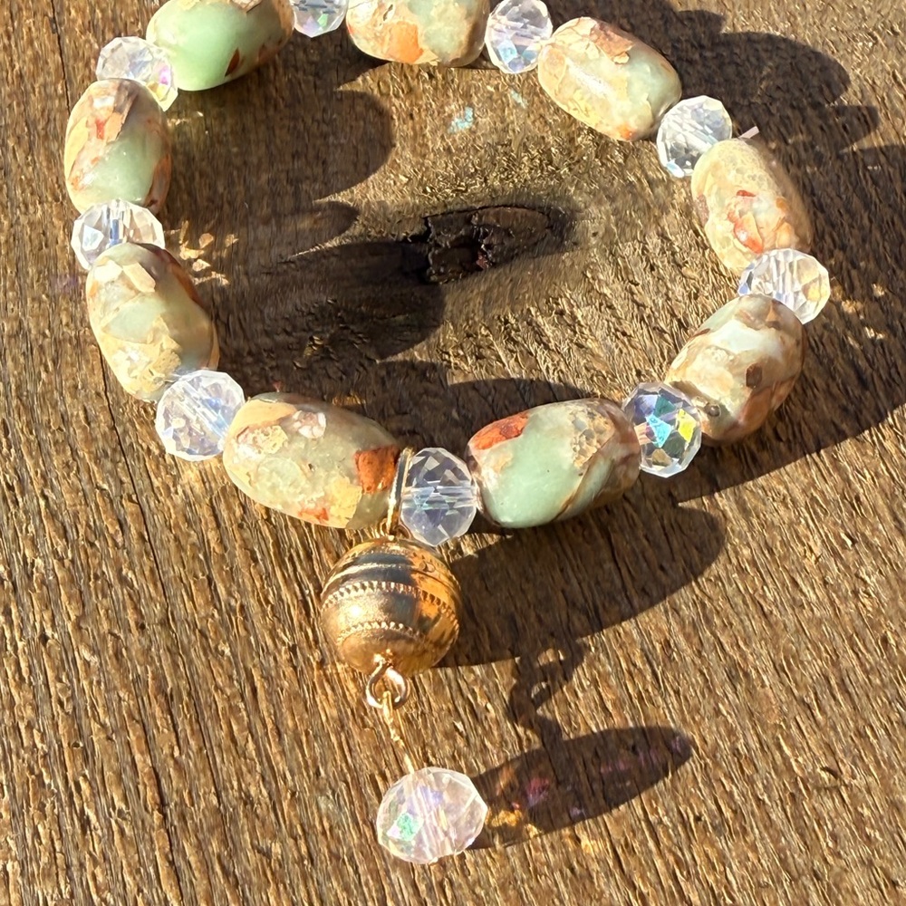 Gold and Green Polychrome Jasper Beaded Bracelet with a brass charm